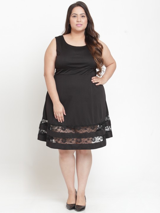 Women Black Self Design Fit & Flare Dress XL