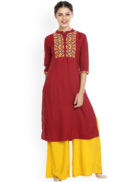 Women Red & Yellow Embroidered Straight Kurta S