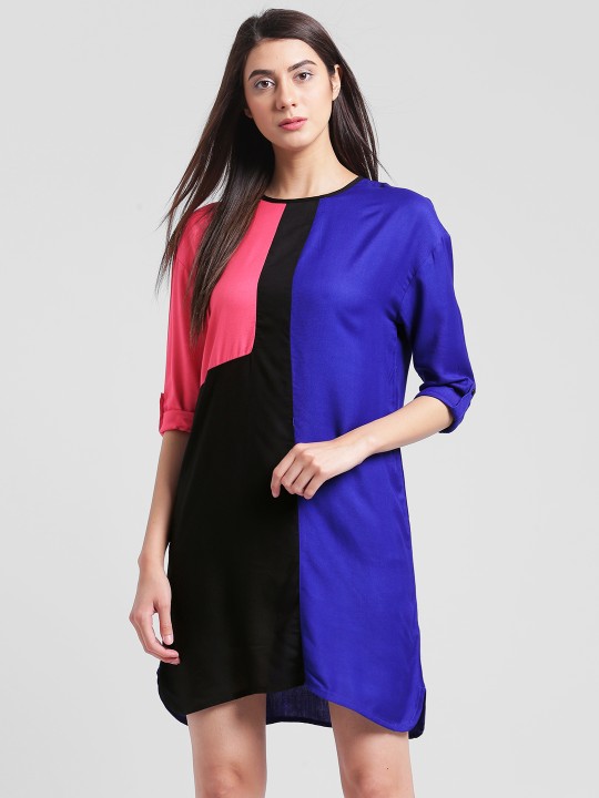 Women Blue Colourblocked A-Line Dress S