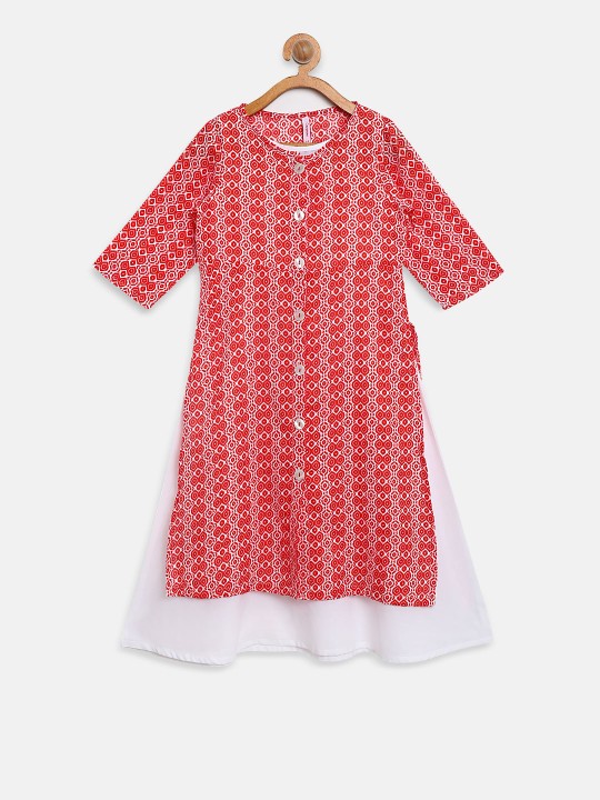 Girls Red & White Printed Layered A-Line Kurta 3-4Y
