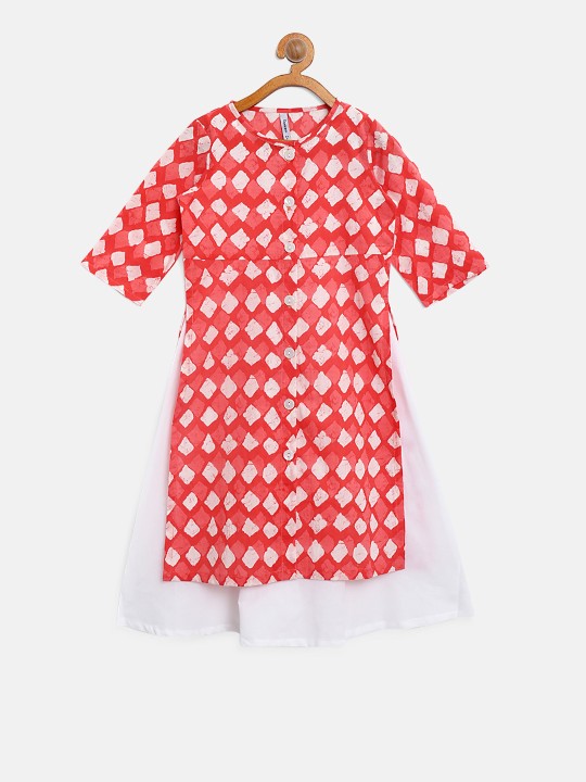 Girls Pink & White Printed Layered A-Line Kurta 3-4Y