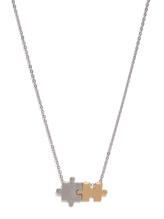 Metallic Gold-Toned & Silver-Toned Puzzle Pieces Pendant & Metallic Chain Necklace