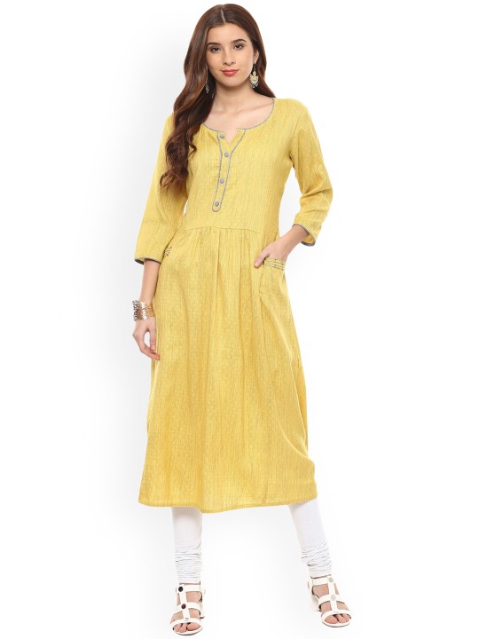 Women Yellow Woven Design A-Line Kurta S