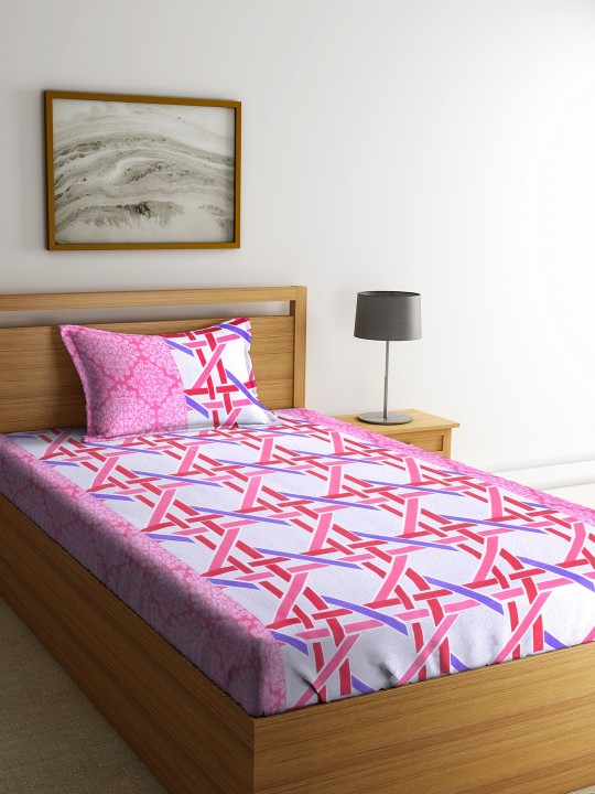 Pink & Blue Abstract Flat 144 TC Cotton 1 Single Bedsheet with 1 Pillow Covers