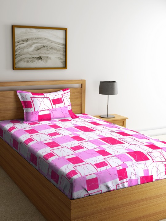 Pink & White Abstract Flat 144 TC Cotton 1 Single Bedsheet with 1 Pillow Cover