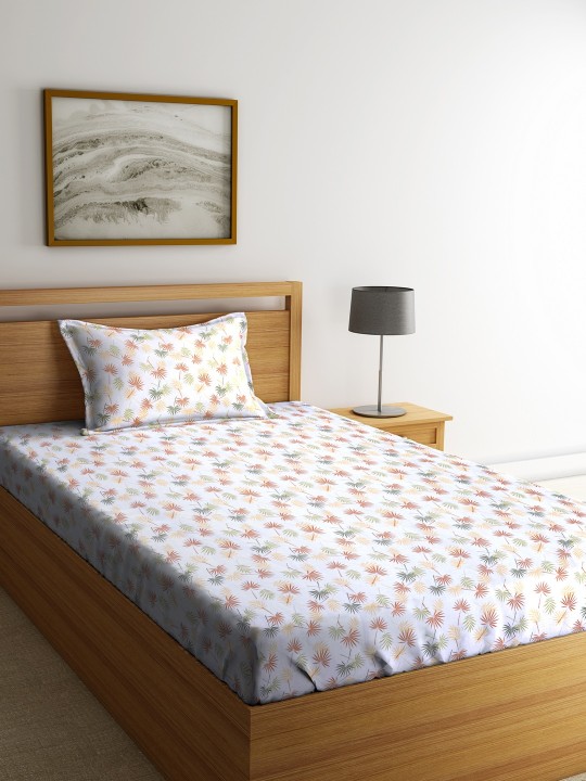 White Floral Flat 144 TC Cotton 1 Single Bedsheet with 1 Pillow Cover