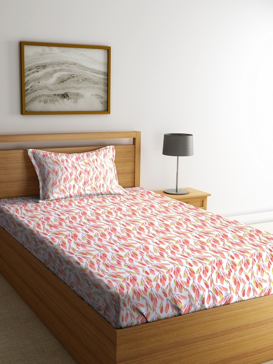 Off-White & Peach-Coloured Floral Flat 144 TC Cotton 1 Single Bedsheet with 1 Pillow Covers