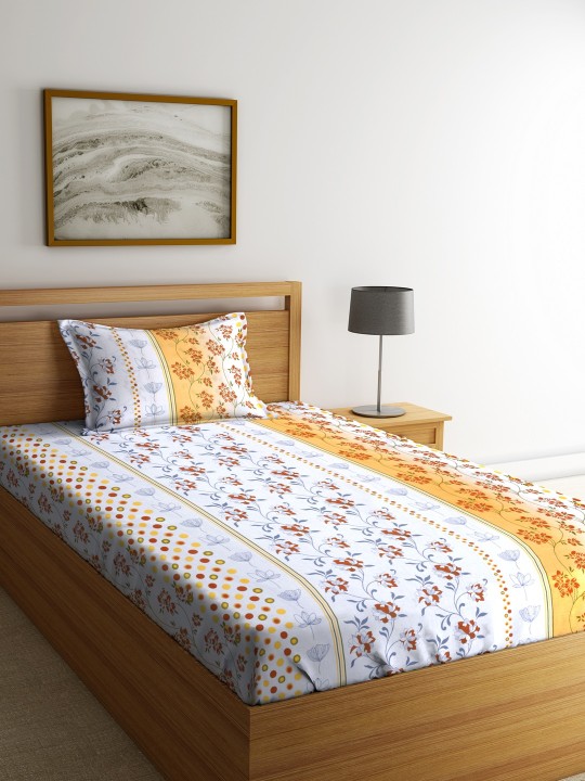 White & Mustard Floral Flat 144 TC Cotton 1 Single Bedsheet with 1 Pillow Covers