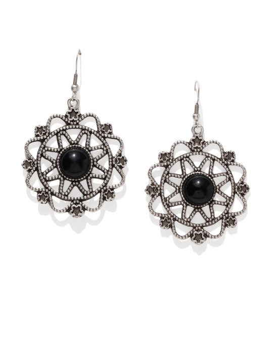 Silver-Plated Silver-Toned & Black Circular Drop Earrings