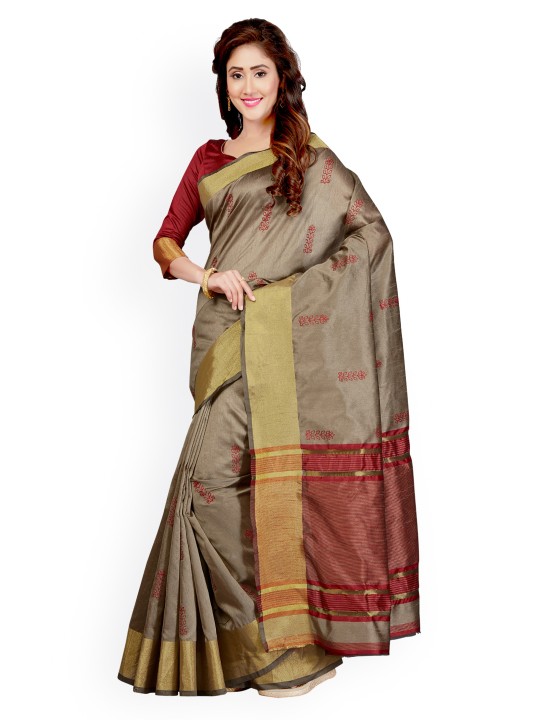 Taupe Silk Blend Embroidered Banarasi Saree