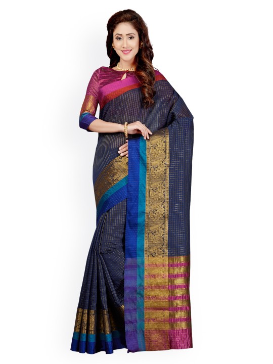 Navy Blue Silk Blend Woven Design Banarasi Saree