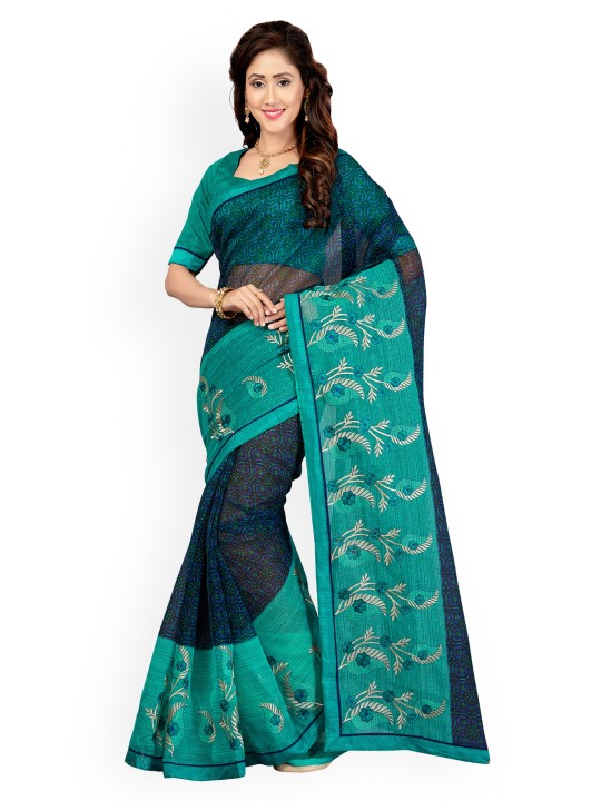 Teal & Green Supernet Embroidered Kota Saree