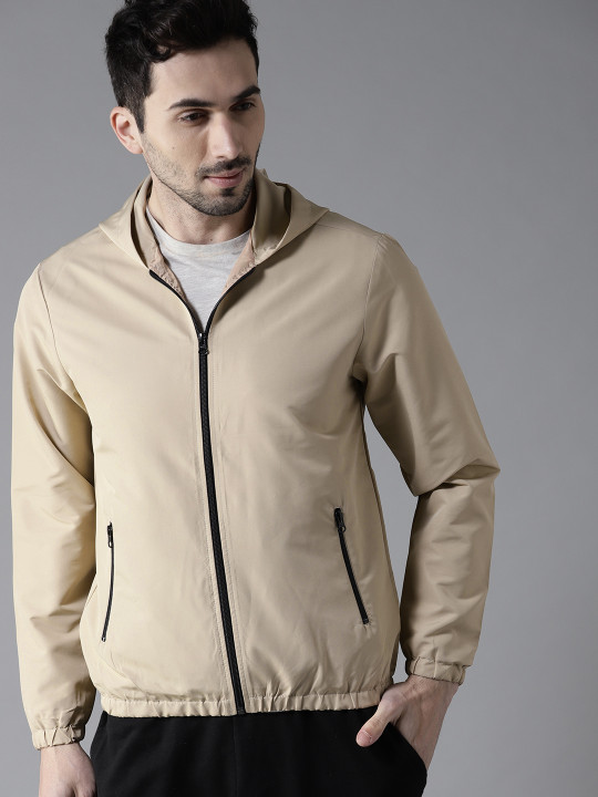 Men Beige Solid Hooded Bomber Jacket S