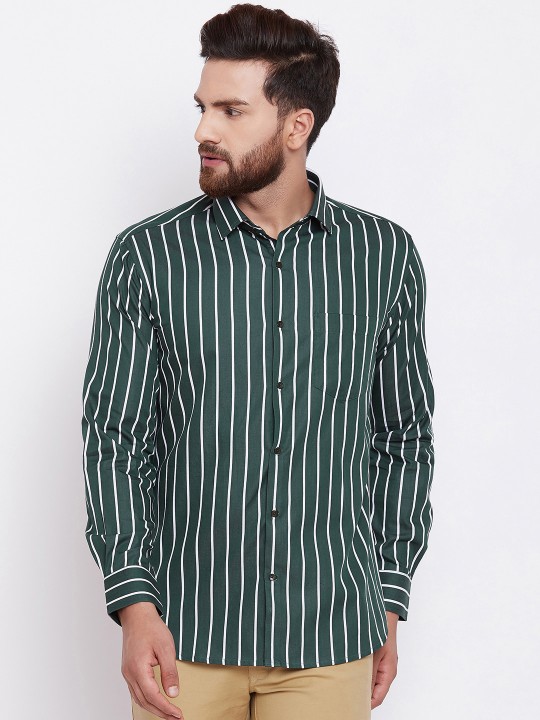 Men Green & White Slim Fit Striped Casual Shirt 38