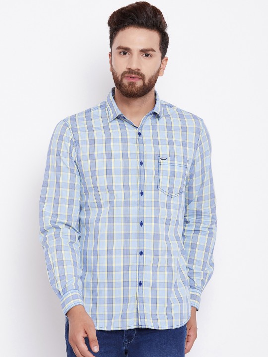 Men Blue & Yellow Slim Fit Checked Casual Shirt 36