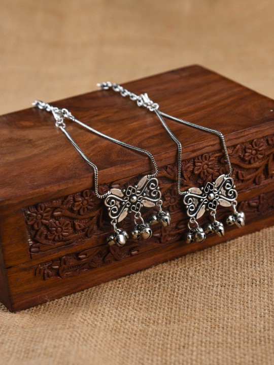 Set of 2 Oxidised German Silver-Toned Textured Anklets