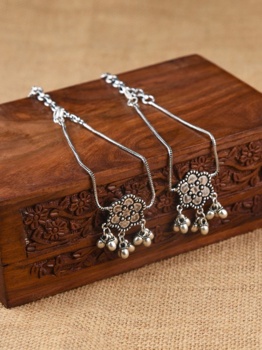 Set of 2 Oxidised German Silver-Toned Floral Anklets