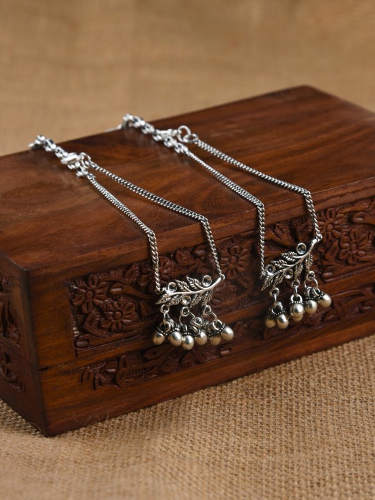 Set of 2 Oxidised German Silver-Toned Textured Anklets