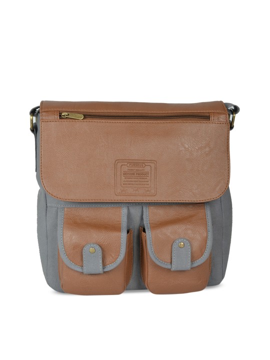 Men Grey & Brown Solid Messenger Bag