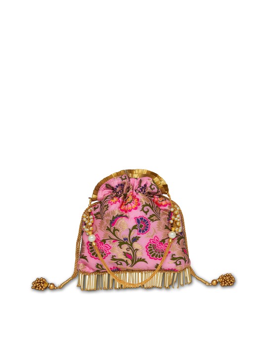 Women Pink & Navy Blue Printed Embroidered Clutch