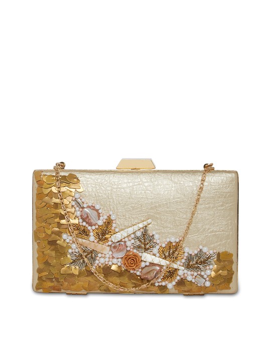 Women Beige & Gold-Toned Embellished Clutch