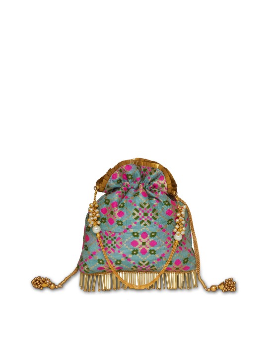 Turquoise Blue & Multicoloured Printed Tasselled Clutch