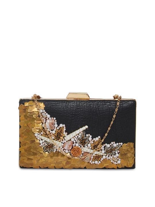Women Black & Gold-Toned Embellished Clutch