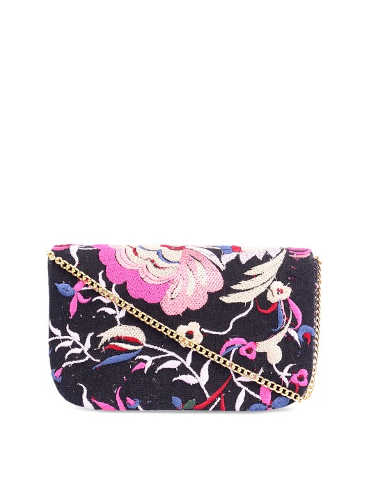 Women Black & Multicolored Embroidered Clutch