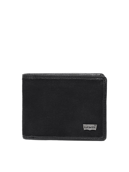 Men Black Solid Two Fold Canvas Leather Wallet