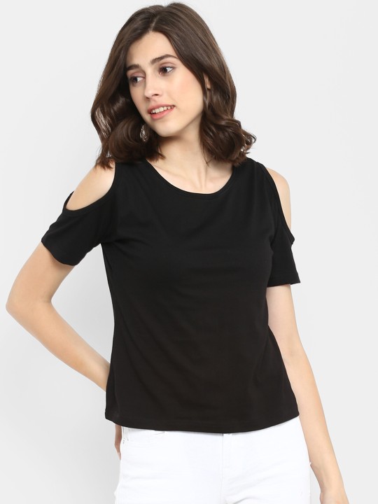 Women Black Solid Cold Shoulder Top S