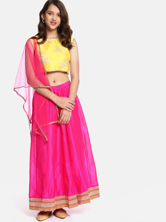 Girls Yellow & Pink Embroidered Ready to Wear Lehenga Choli with Dupatta