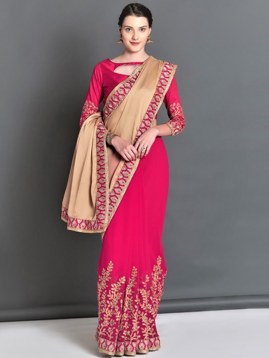 Pink & Beige Ploy Georgrette Embroidered Saree