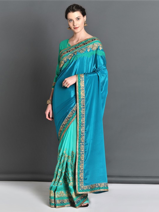 Blue & Turquoise Blue Poly Georgette Embroidered Saree