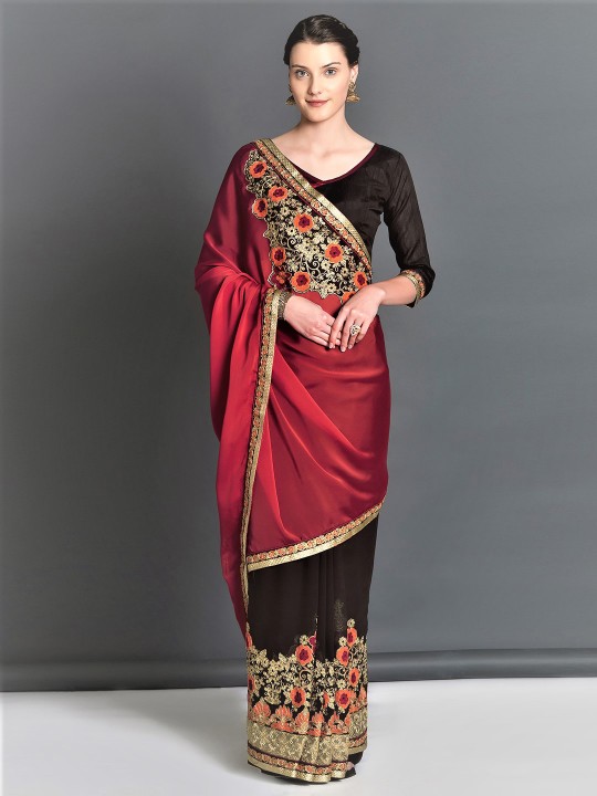 Maroon & Brown Poly Georgette Embroidered Saree