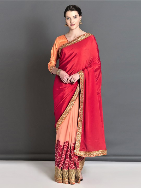Red & Orange Poly Georgette Embroidered Saree
