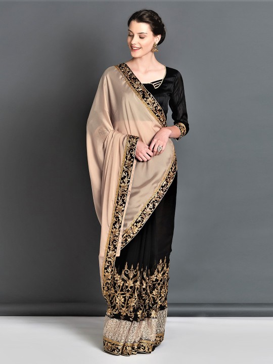 Beige & Black Poly Georgette Embroidered Saree
