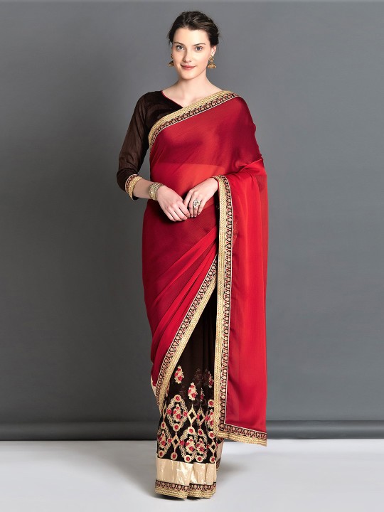 Maroon & Brown Poly Georgette Embroidered Saree