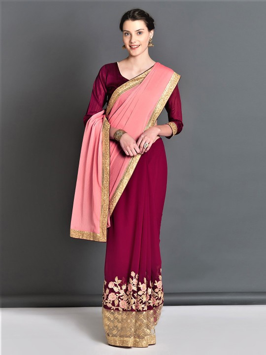 Maroon & Peach-Coloured Poly Georgette Embroidered Saree