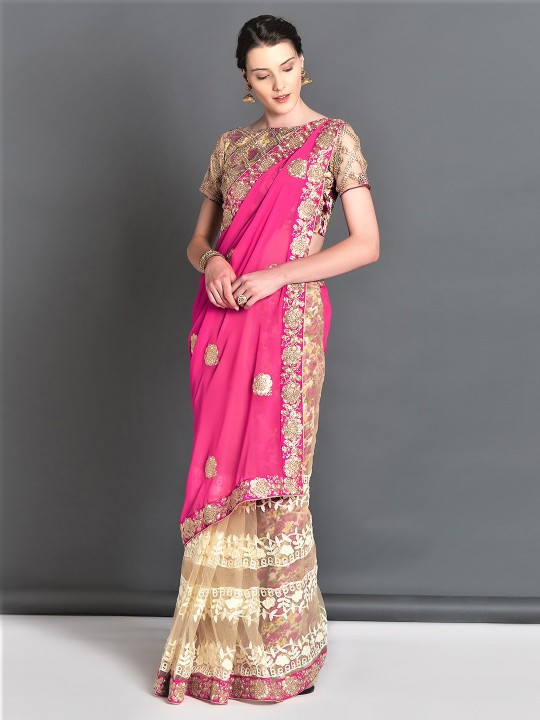 Pink & Beige Poly Georgette Embroidered Saree