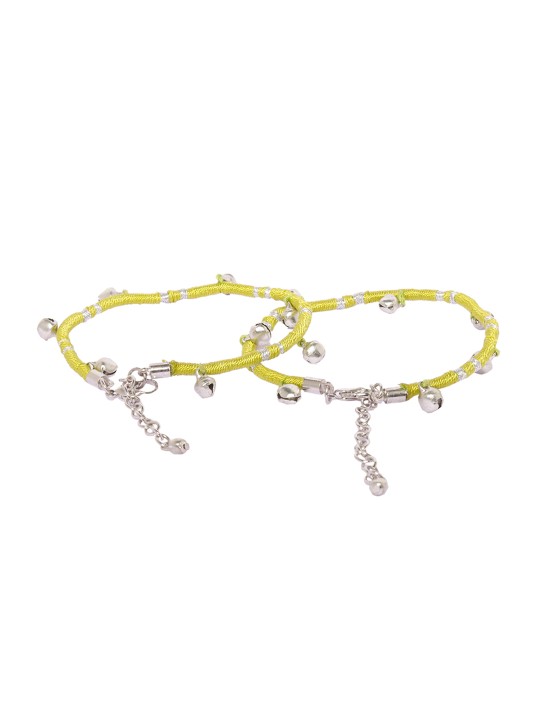 Green & Silver-Toned Braided Ghunghroo Anklets