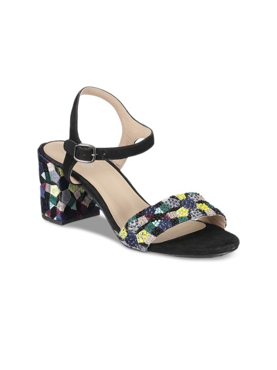 Women Black Embroidered Leather Sandals 35