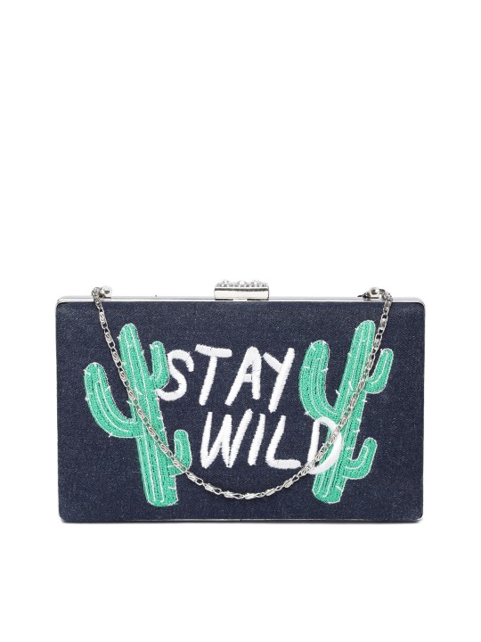 Navy Blue & Green Embroidered Denim Box Clutch