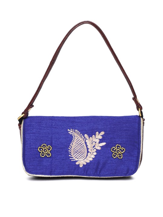 Blue & Maroon Embroidered Clutch with Shoulder Strap