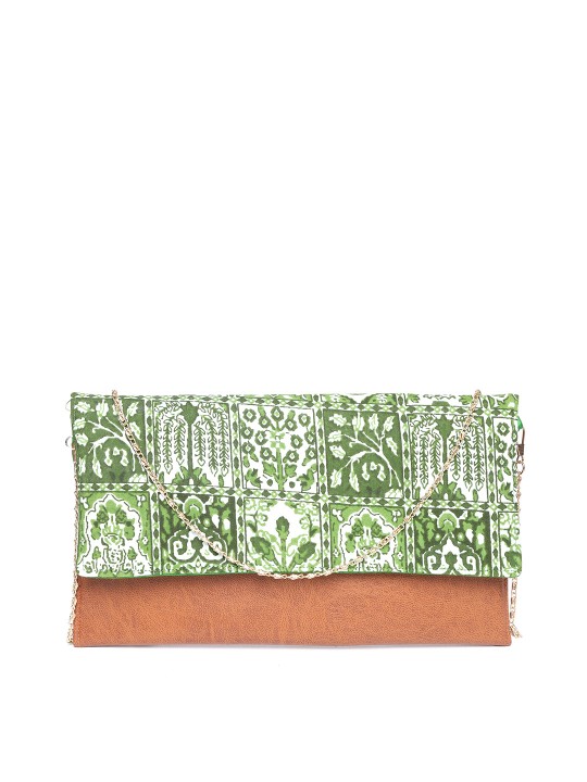 Green & Brown Printed Clutch with Sling Strap