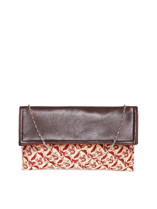 Beige & Maroon Printed Clutch with Sling Strap