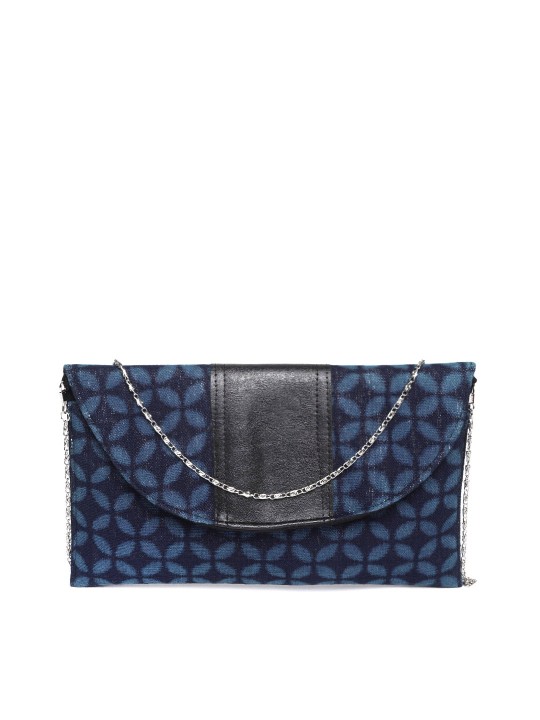 Blue & Black Printed Clutch with Sling Strap
