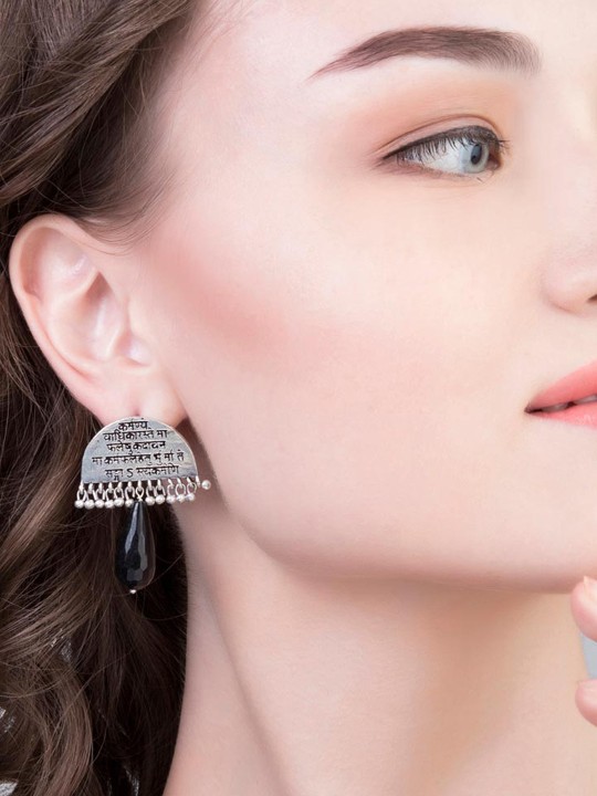 Silver-Toned & Black Oxidised Contemporary Drop Earrings