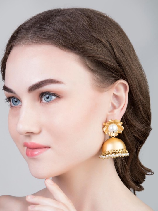 Gold-Toned & White Dome Shaped Jhumkas