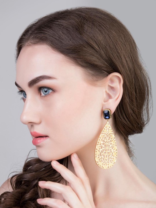 Gold-Toned & Blue Teardrop Shaped Drop Earrings