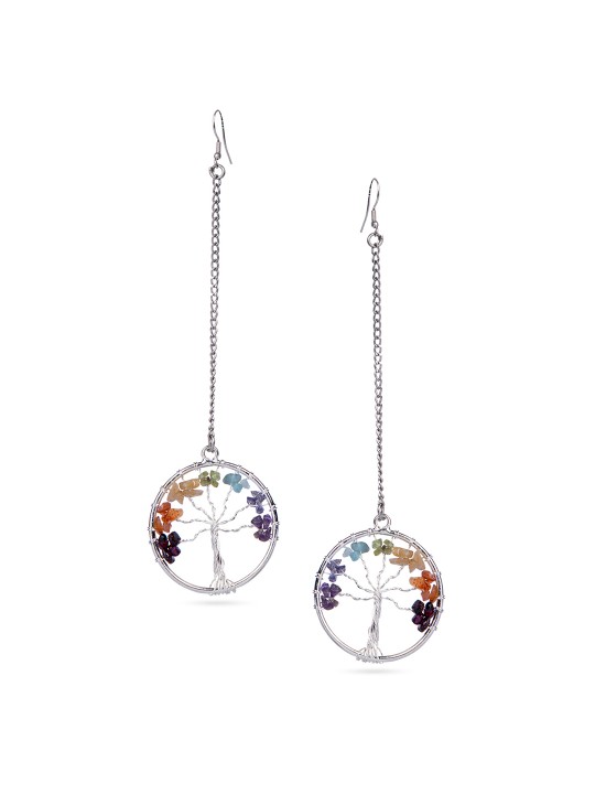 Silver-Toned & Multicoloured Circular Drop Earrings